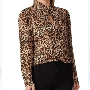 Nicholas Silk Blouse Faux Wrap Rouched Tie Neck Sexy Secretary Leopard Mobwife